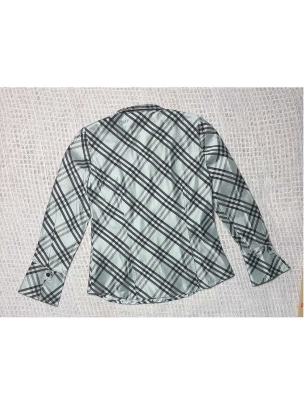 Carlisle Vintage 100% Silk Mint Green Diagonol Plaid Button Up Shirt Size 2 EUC